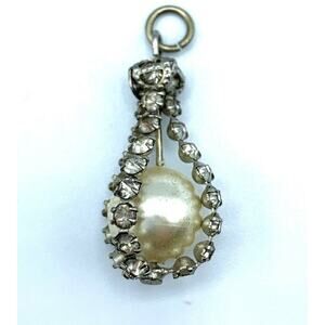 Vintage faux pearl & clear rhinestone teardrop necklace pendant, no chain